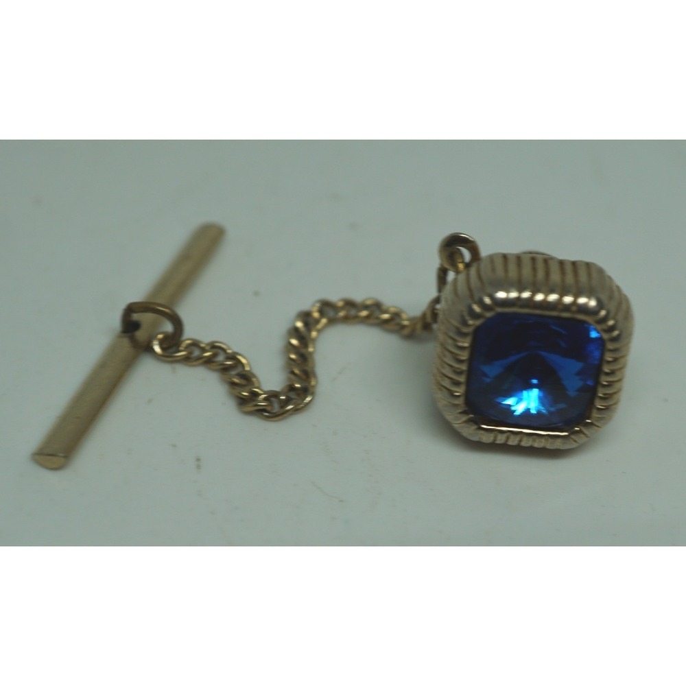 Swank Vintage Mens Tie Tack Gold Tone Blue Crystal Square Stone with Chain Bar